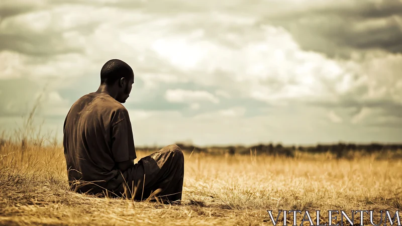 Solitary person seated in dry open grassland under sky.