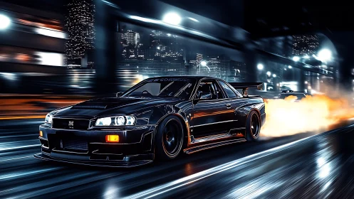 Midnight highway drift with tuned black Skyline GT-R R34