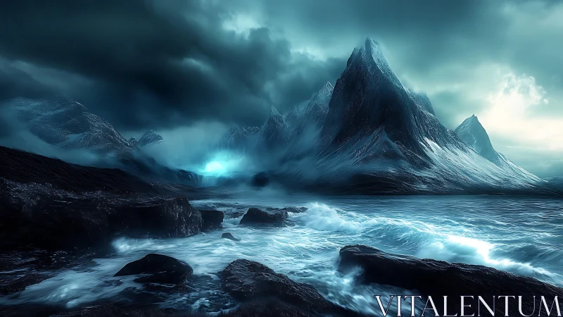 Atmospheric fantasy seascape with glacial spire mountains.