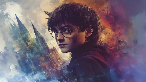 Young wizard in swirling magical storm of color and light.