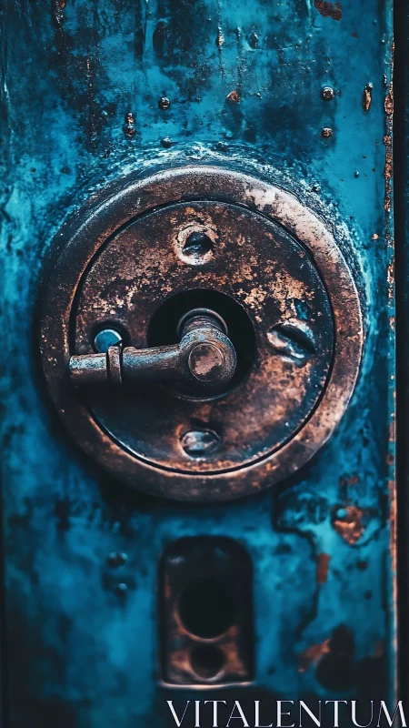 Weathered circular lockset on distressed teal metal door.