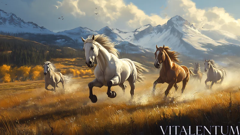 Wild horses charging across alpine valley at golden hour.