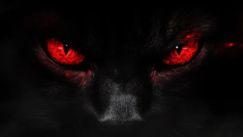 Digital close-up focuses on black feline face with red eyes