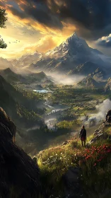 Solitary figure observing expansive mountain valley landscape.