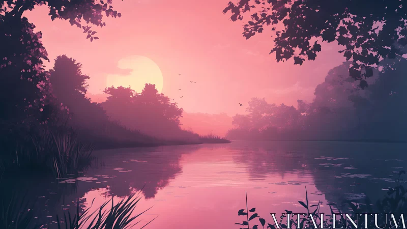 Digital painting sunset over tranquil reflective lakeside grove.