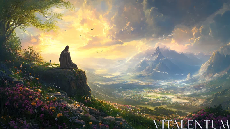 Cloaked wanderer overlooking luminous mountain valley at dawn.