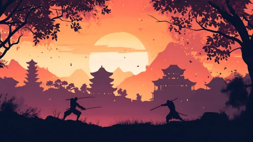Samurai duel silhouettes at sunset over ancient temples.