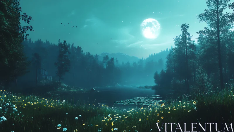 Moonlit forest lake with misty pines and glowing wildflowers.