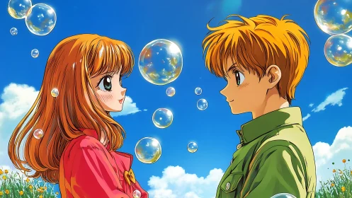 Sunlit anime couple amid floating bubbles and spring sky.