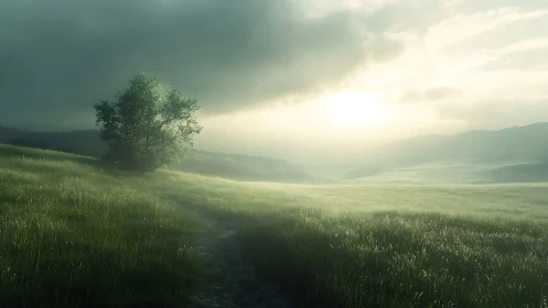 Lone meadow guardian under stormlit sunrise hush.