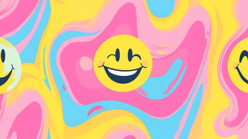 Pop art smiley pattern on neon fluid abstract backdrop.