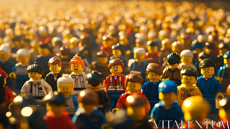 Lego crowd scene captures glowing sunset urban energy.