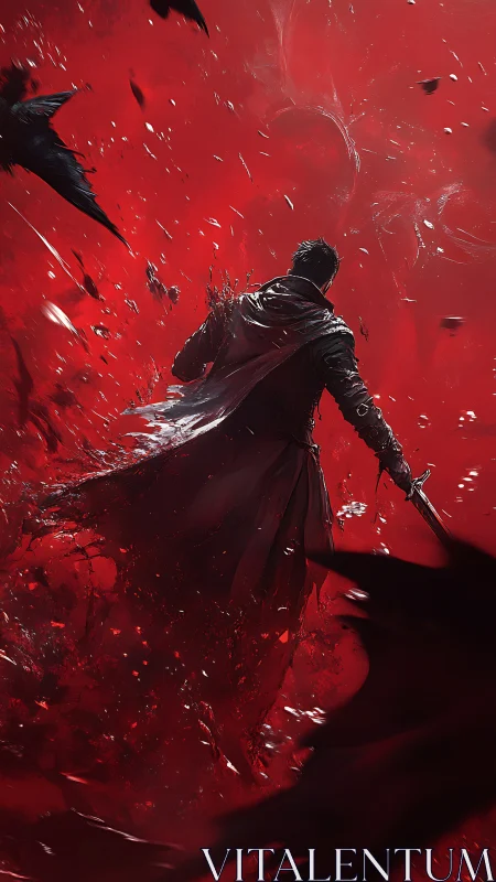 Sword-wielding warrior strides through crimson chaos storm.