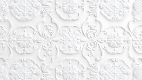 Ornate white embossed floral pattern in classic baroque style.