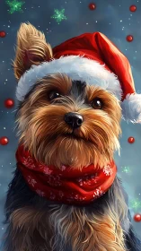 Festive yorkie pup in a cozy Santa hat and scarf.
