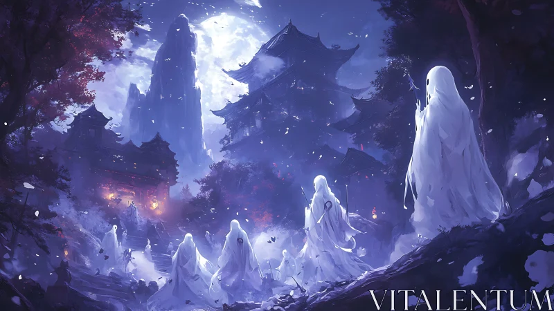 Moonlit spirits ascending through misty temple valley.