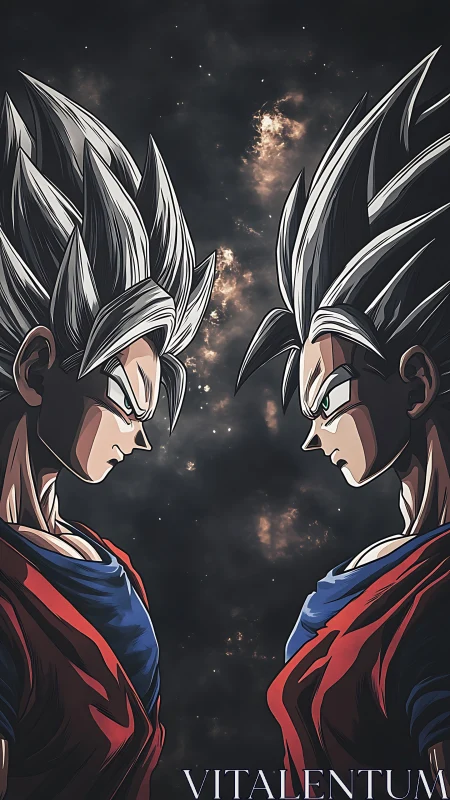 Symmetrical anime duel composition shows mirrored silver-haired warriors