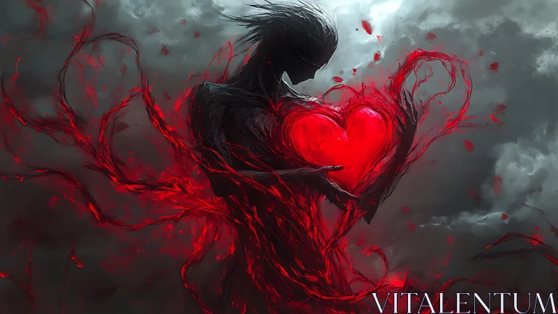 Shadow figure holding glowing red heart amid swirling storm.