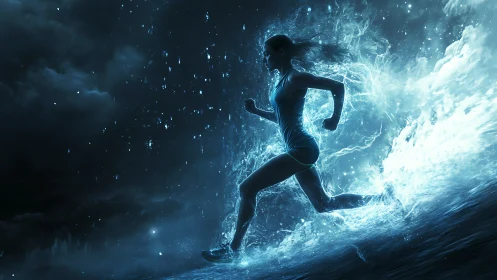Athletic silhouette sprints through luminous aqueous energy field