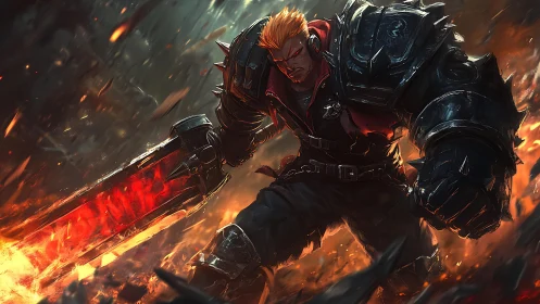 Armored warrior advances with oversized heated sword