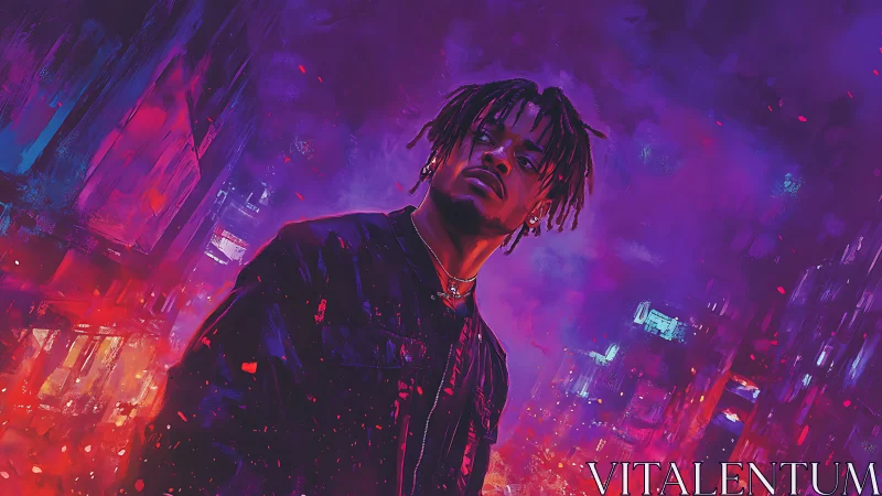 Neon drenched city portrait captures moody urban confidence