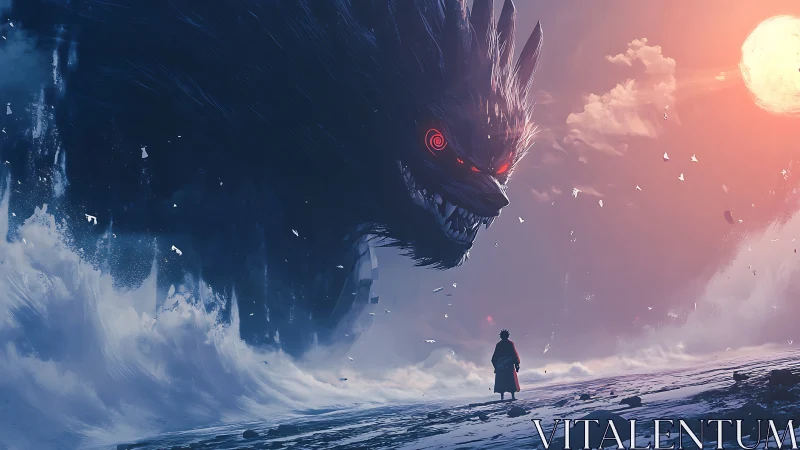 Solitary figure confronts colossal demon over stormy shore