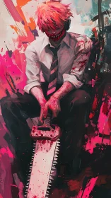 Digital painting of blood-soaked chainsaw antihero in motion blur.