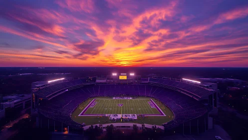 Sunset sky glows above illuminated football stadium.