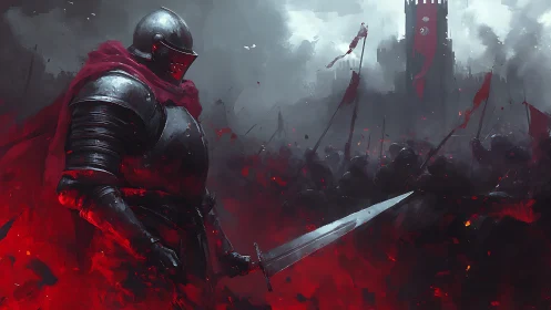 Lone armored knight stands ready amid crimson battle storm.