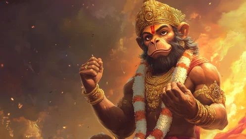 Hanuman stands in blazing light with heroic, divine strength.