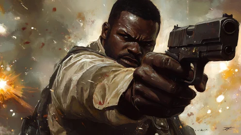 Grit-hardened gunfighter storms through blazing battlefield fury.