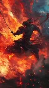 Samurai warrior framed in intense swirling firestorm.