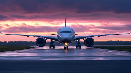 Sunset runway welcomes a sleek modern passenger airplane