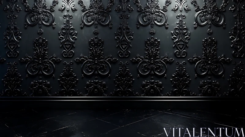 Midnight baroque wall with glossy black ornamental flourishes.