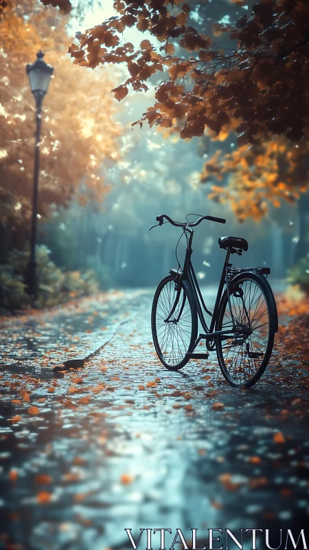 Bicycle resting beneath autumn foliage and streetlight.