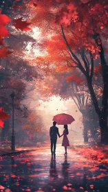 Two figures holding umbrella walk through red autumn foliage