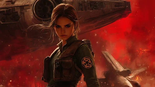 Digital war portrait with starship backdrop and infernal skies.