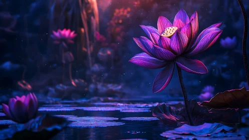 Luminous violet lotus blooming in a mystical twilight pond.