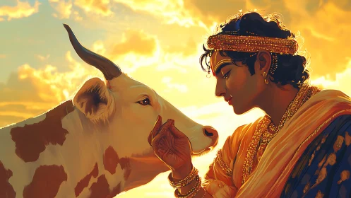 Human figure and cow rendered against illuminated sky