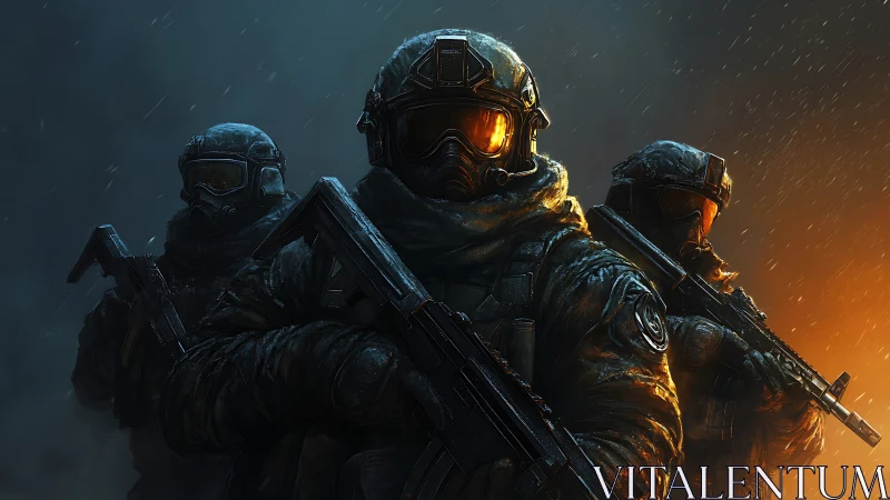 Tactical assault squad in rain, dual light contrast, rifles raised