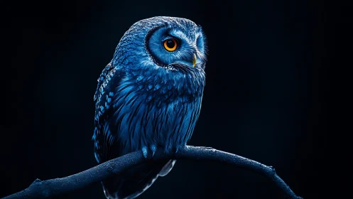 Majestic blue owl perched on branch in dramatic low light.