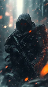 Ember-eyed shadow operative stalking a burning frostbitten alley.