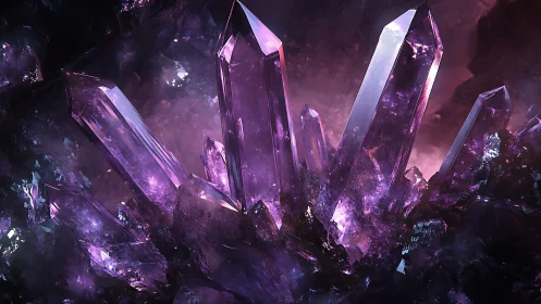 Purple crystal cluster rendered with sharp 3D clarity.