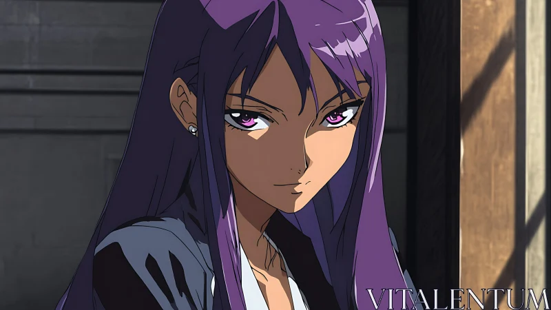 Confident purple haired heroine meeting your steady gaze.