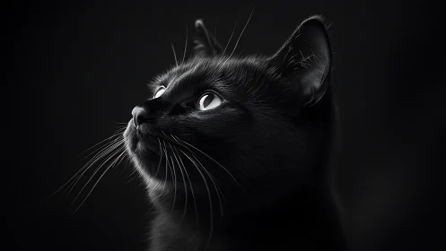 Black Cat Gazing Upward with Striking Eyes