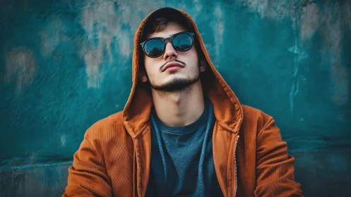 Young man in orange hoodie leans back against teal wall
