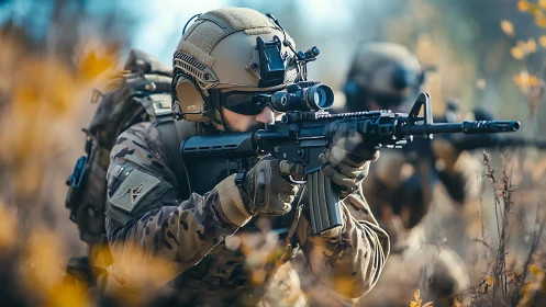 Soldier aiming rifle in tactical camouflage gear in field.