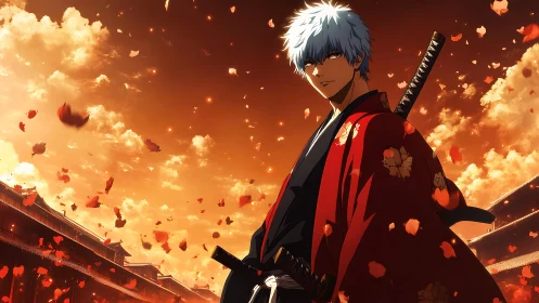 Crimson kimono samurai stands beneath a glowing sunset sky