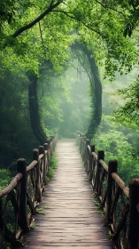 Inviting wooden forest bridge leads into soft green morning mist