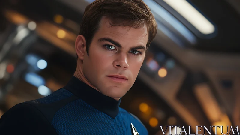 Male officer in blue uniform stands in sci fi control room